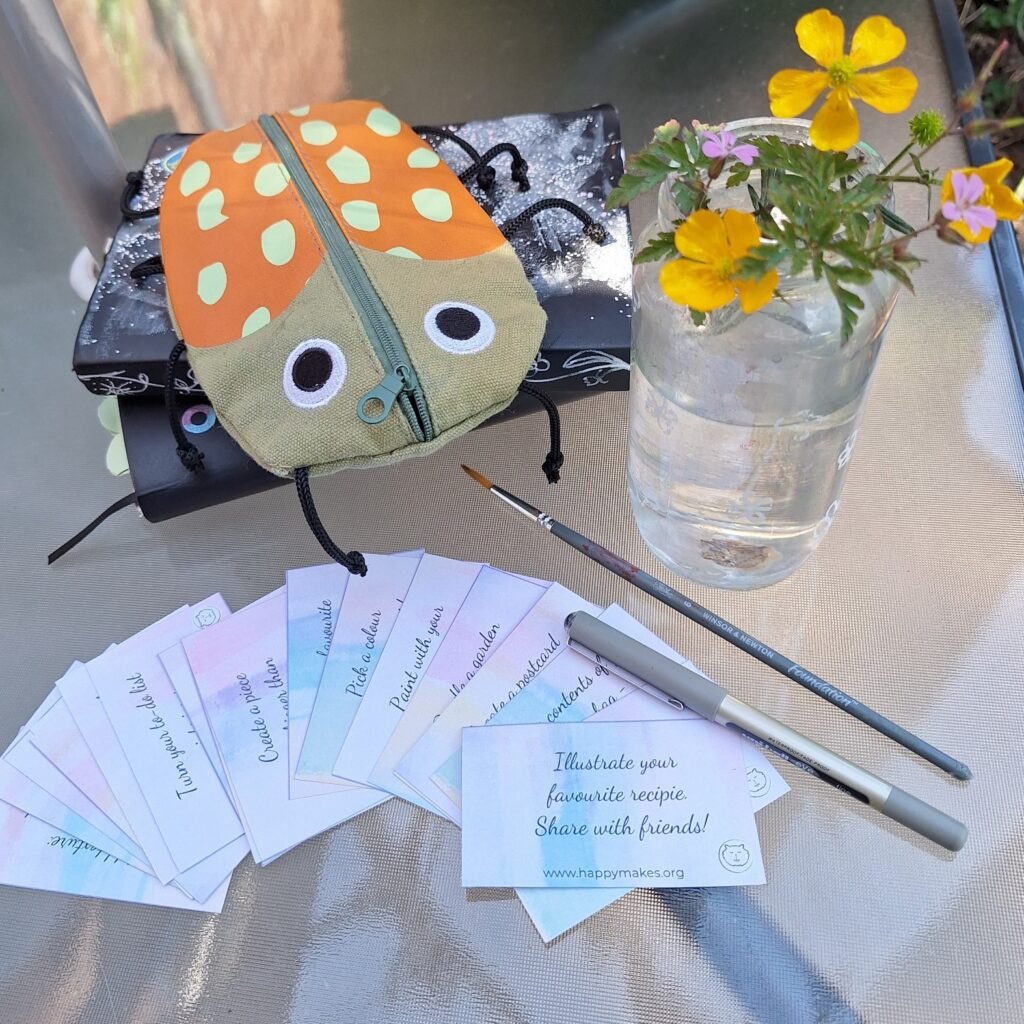 Set of prompts on a glass table with flowers and art supplies